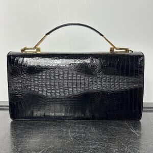 Vintage Black + Gold Croc Embossed Minimalist Handbag + Optional Strap